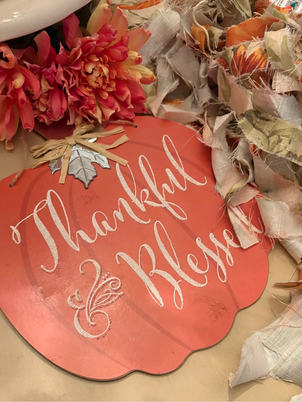 Thankful & Blessed Pumpkin Wall Sign - Coral Orange